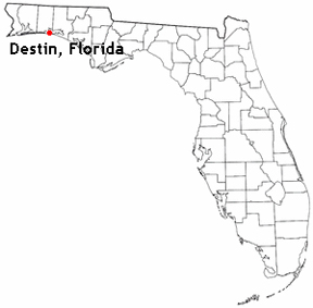 Florida map with a dot on Destin